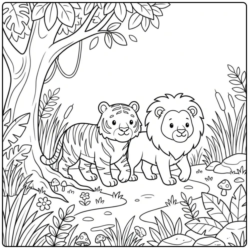Schattige kleurplaat tijger en leeuw op avontuur.