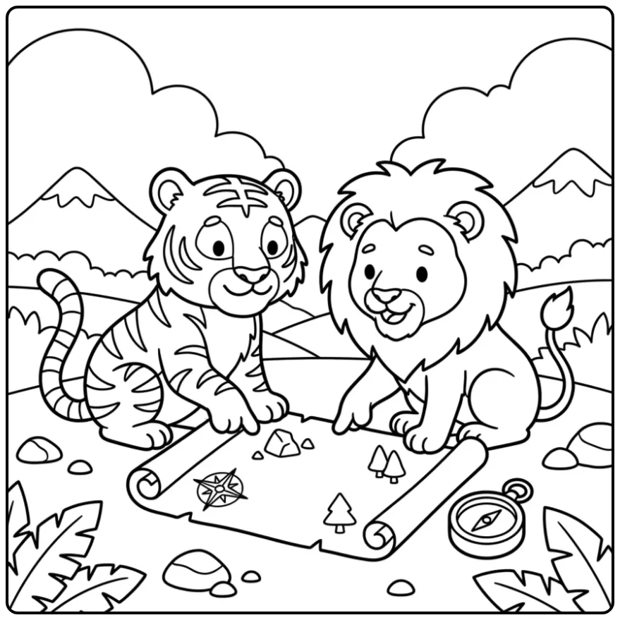 Avontuurlijke kleurplaat tijger en leeuw met kompas