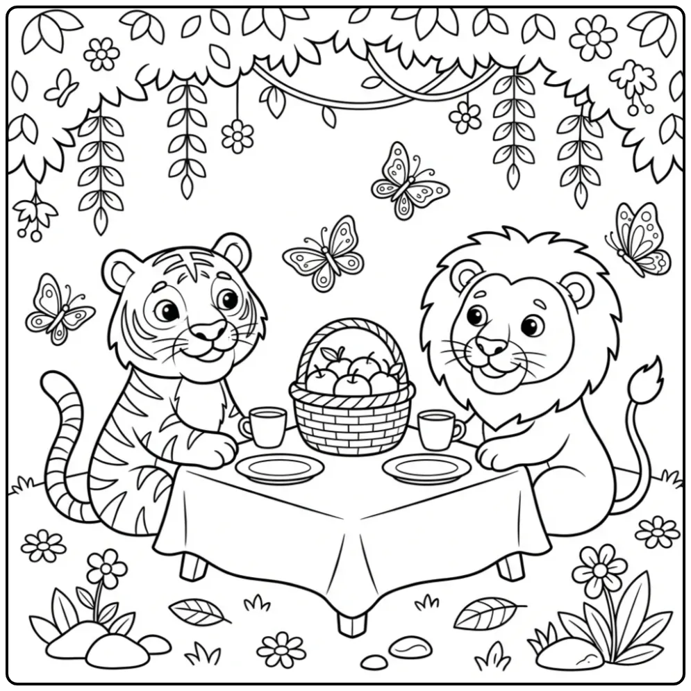 Kleurplaat tijger en leeuw samen picknicken in het bos.
