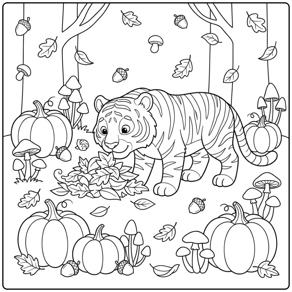 Schattige herfst kleurplaat tijger met bladeren en pompoenen