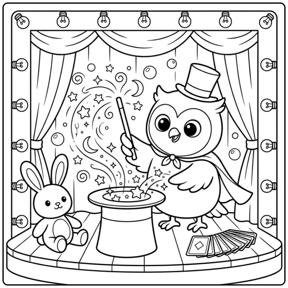 Schattige kleurplaat uil als goochelaar met een toverhoed.