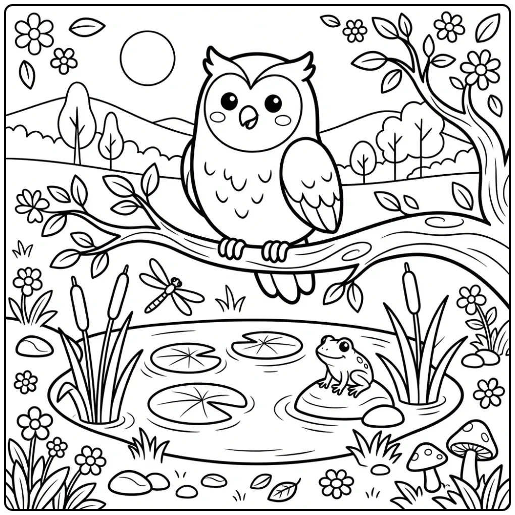 Download deze vrolijke kleurplaat uil op tak met een kikker.