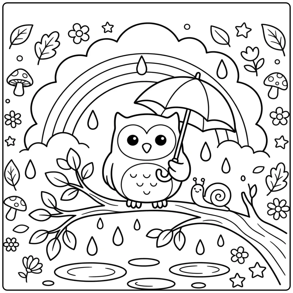 Een schattige kleurplaat uil op tak met een paraplu en regen.