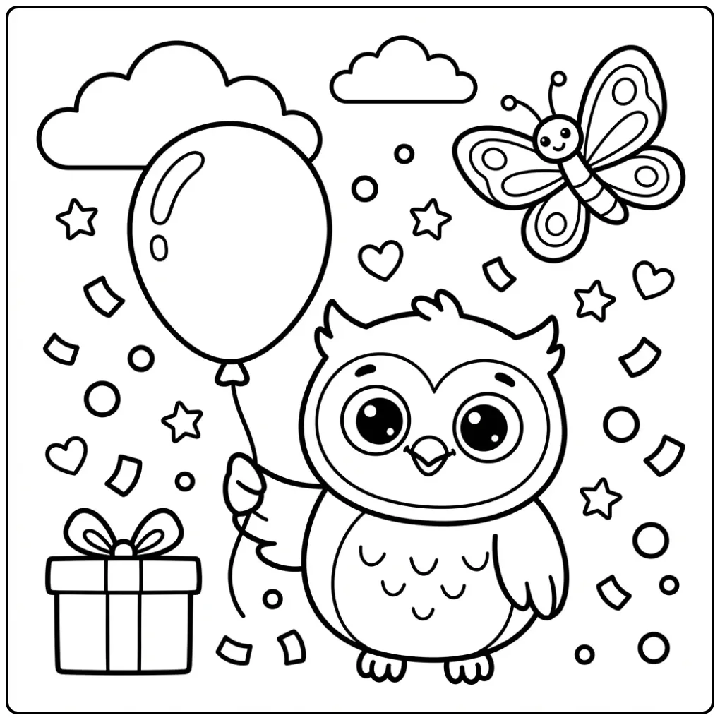 Vrolijke kleurplaat uil peuters met een ballon en vlinder