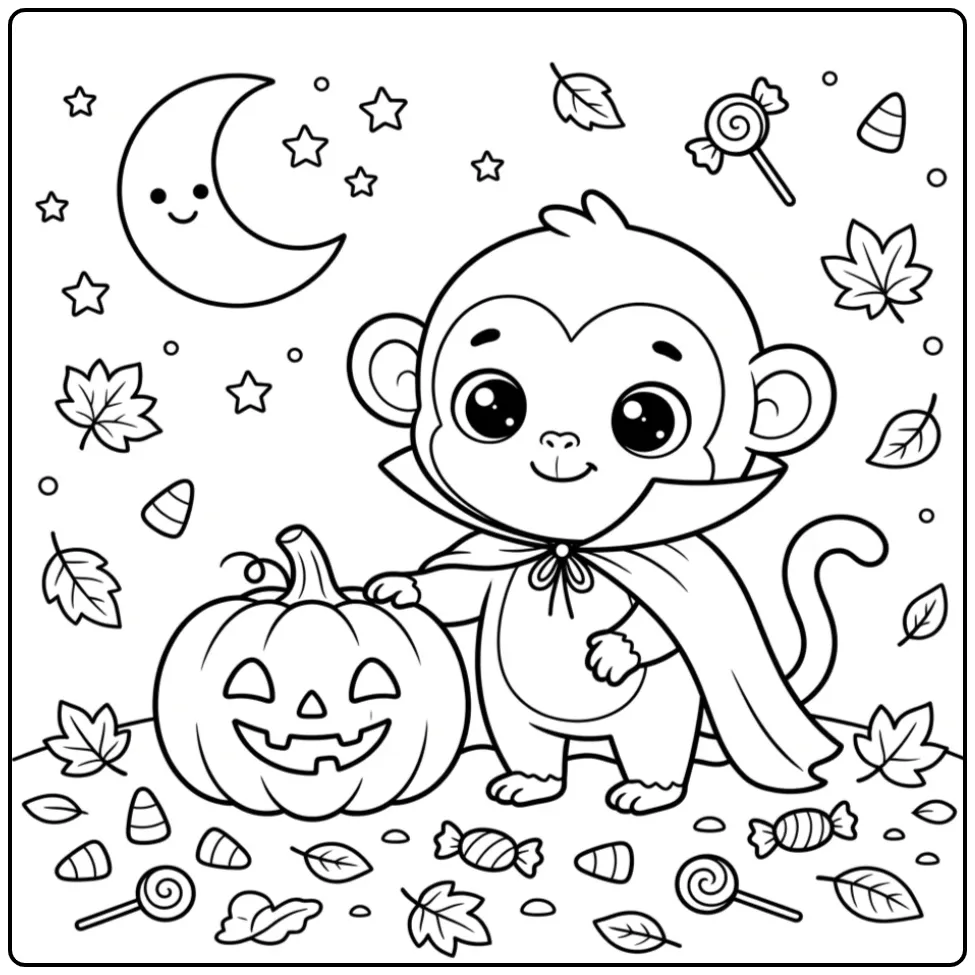 Kleurplaat van een aap voor Halloween met vampiercape en pompoen.