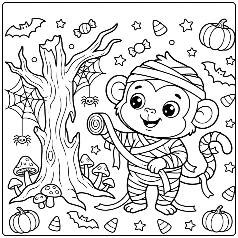 Een Kleurplaat van een aap voor Halloween in een mummiepak.