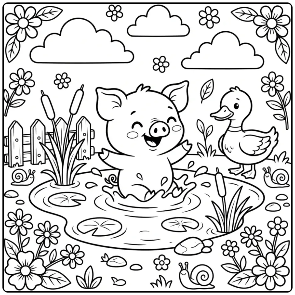 Vrolijke kleurplaat varken in een modderpoel met een eend.