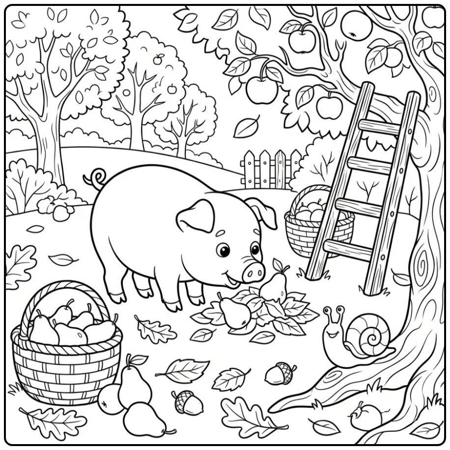 Een schattige kleurplaat varken in de boomgaard met peren.