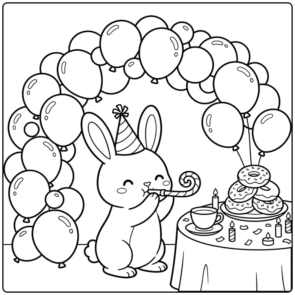 Schattige kleurplaat verjaardag konijn tussen lekkere donuts.