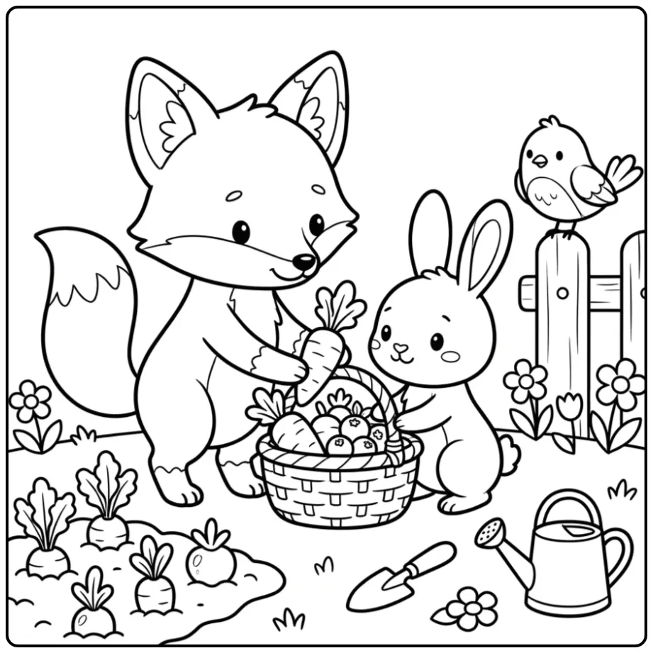 Tuinieren met mand en wortels op kleurplaat vos en haas