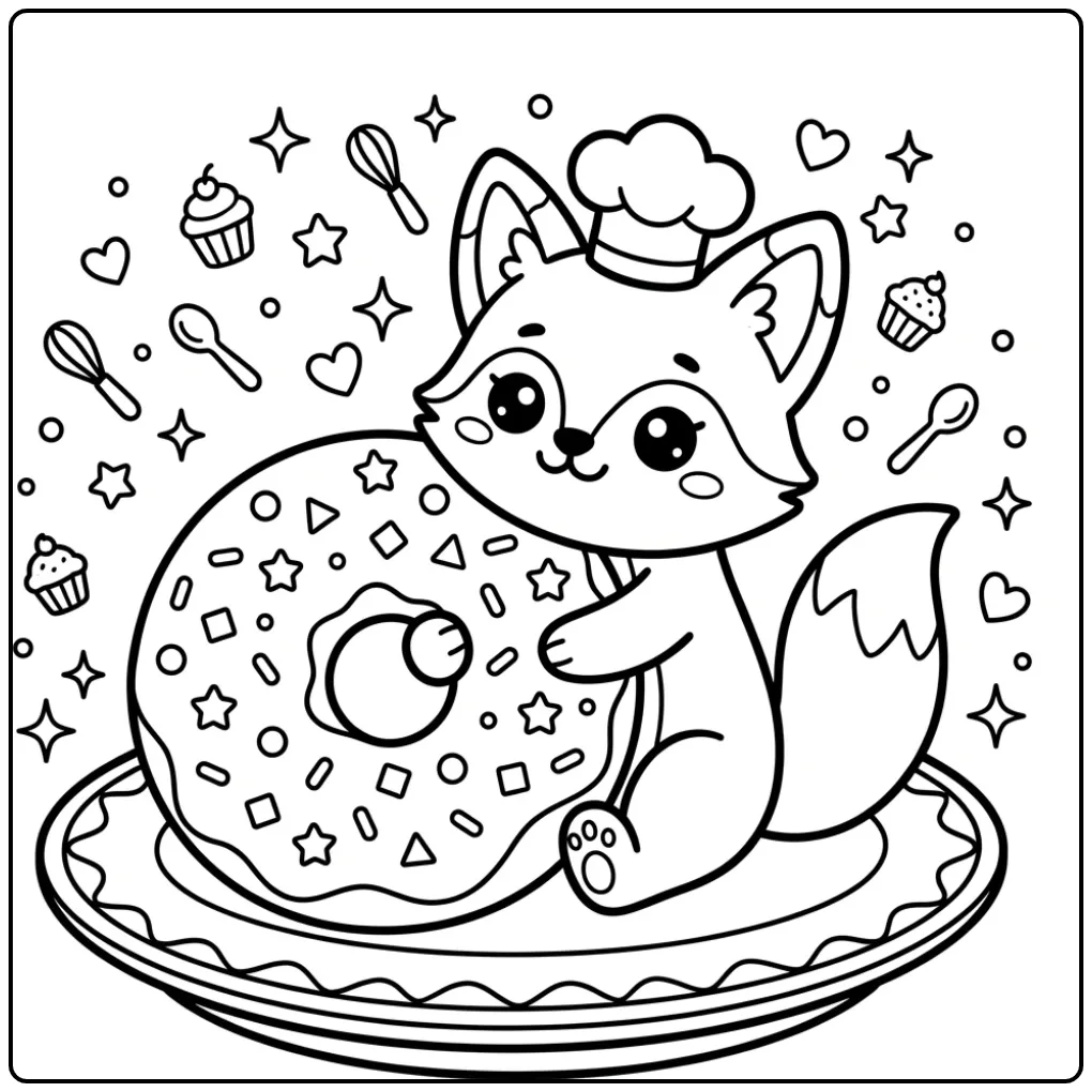 Kawaii kleurplaat vos schattig met koksmuts en lekkernij.