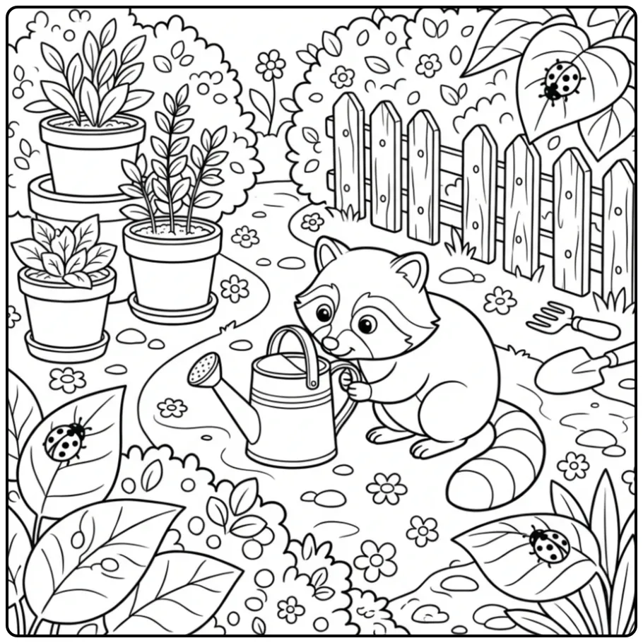 Schattige kleurplaat wasbeer bij een gieter en hekje.