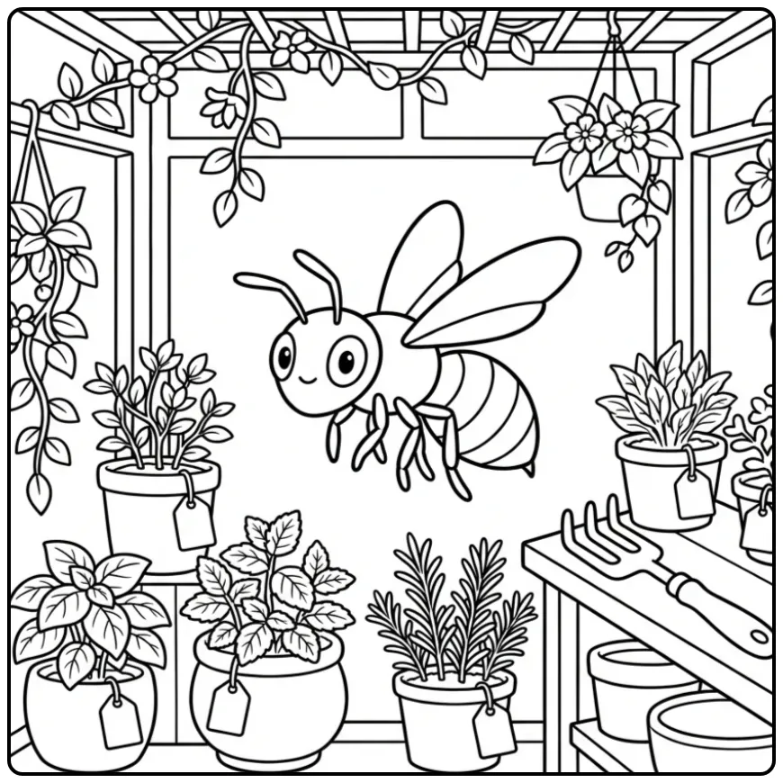 Schattige kleurplaat wesp tussen de plantenpotten.