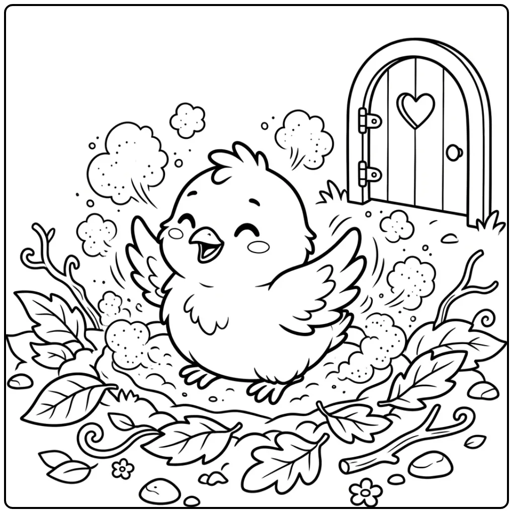 Vrolijke kuiken kleurplaat in een stofbad tussen bladeren.