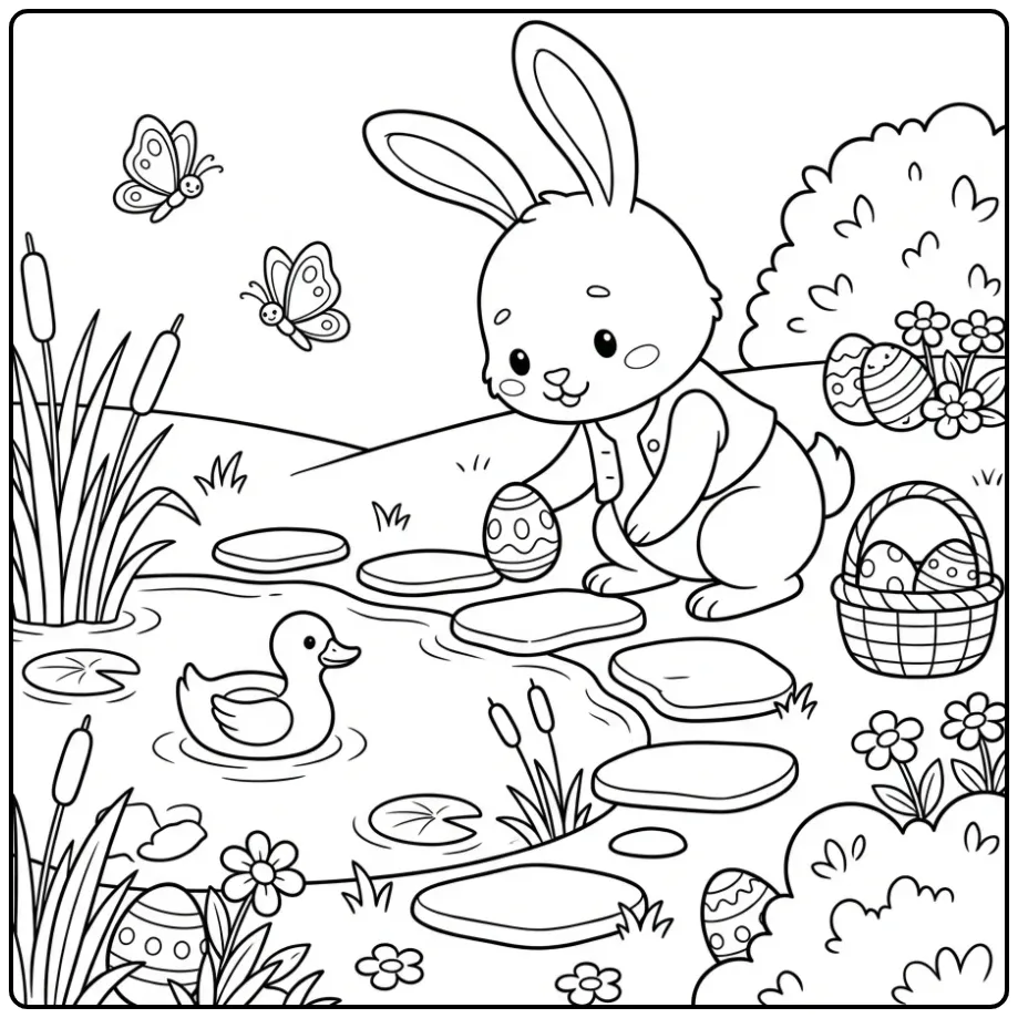 Realistische paashaas kleurplaat met eieren en eendje.