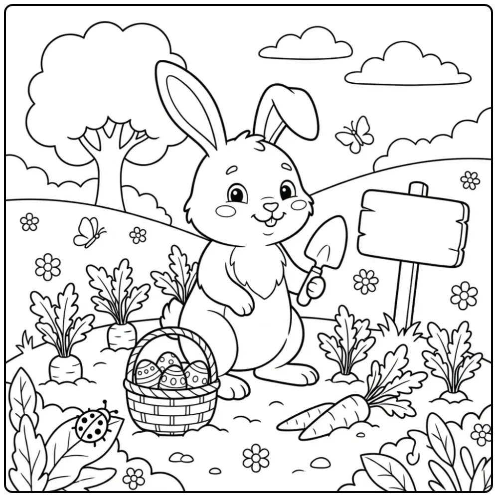 Realistische paashaas kleurplaat met schop en wortels.