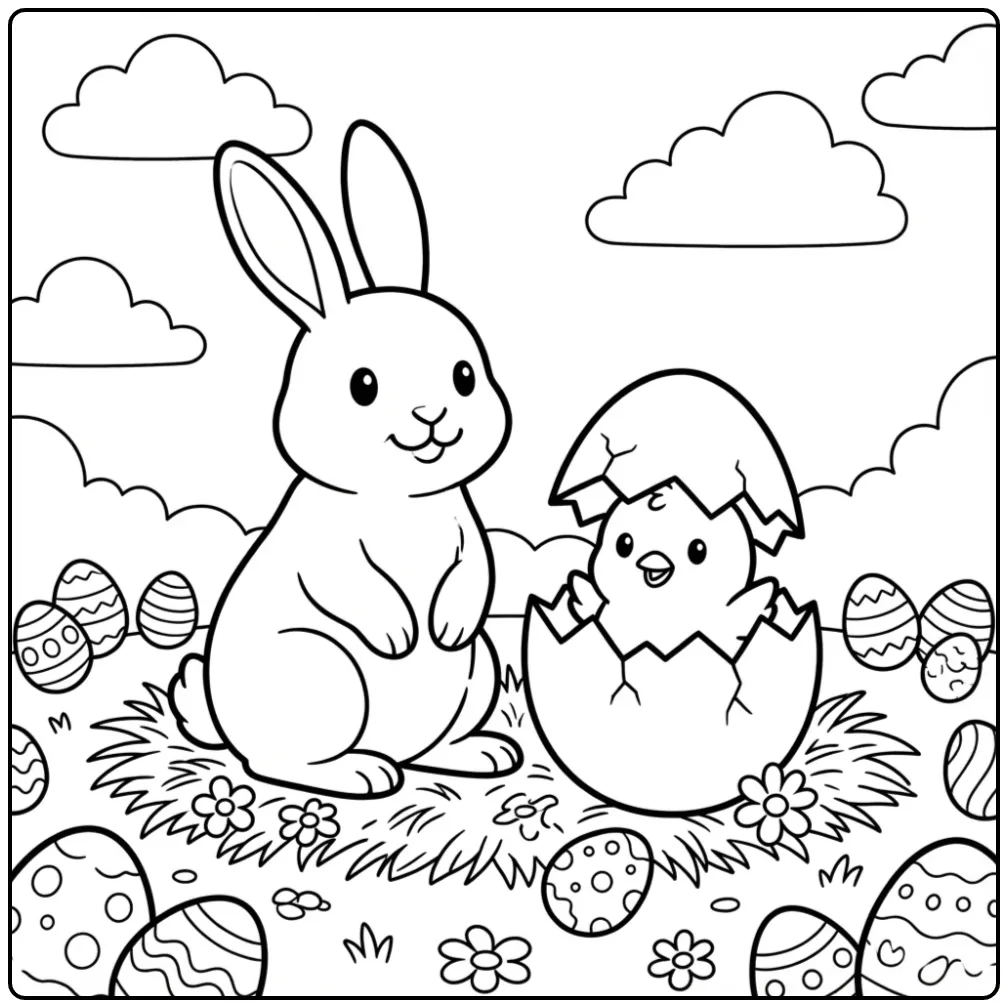 Realistische paashaas kleurplaat met gebarsten ei en kuiken.