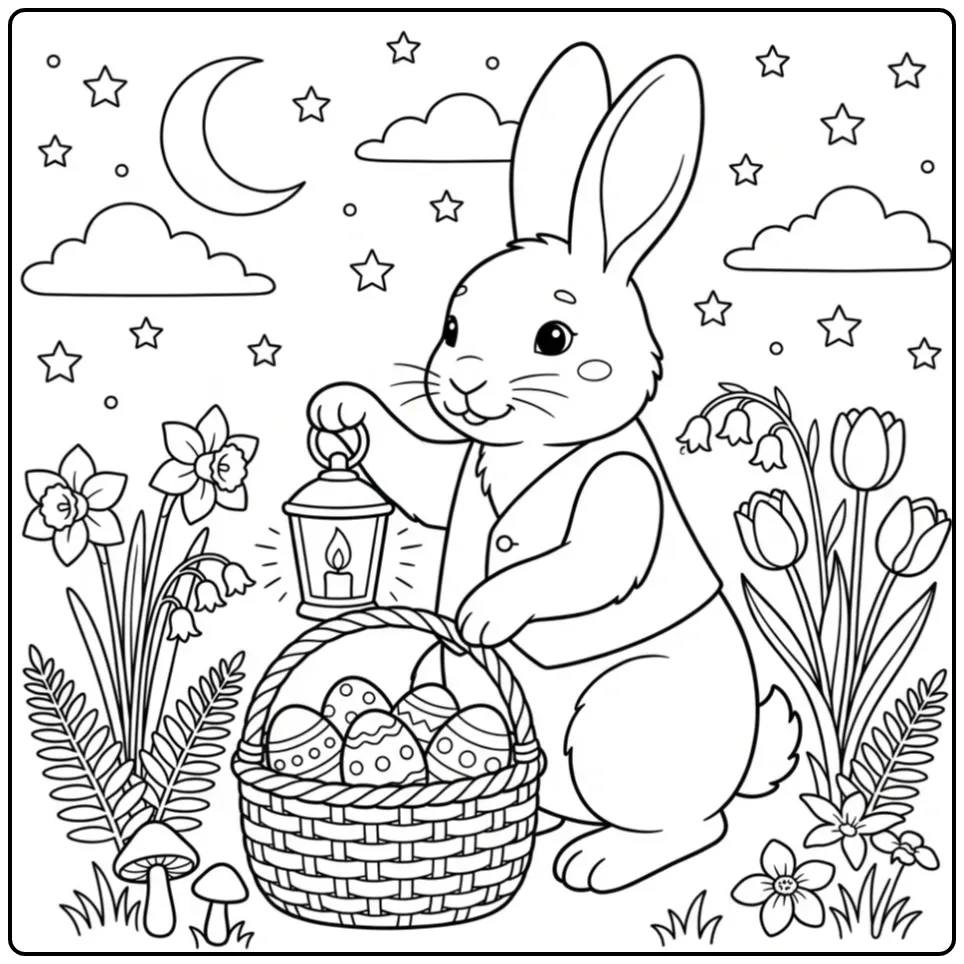 Nachtelijke paashaas kleurplaat met mand en sterren.