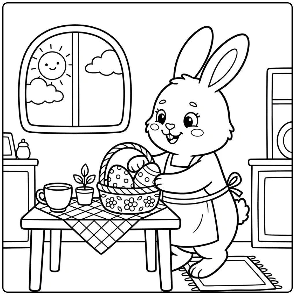Schattige paashaas kleurplaat simpel met mandje eieren.