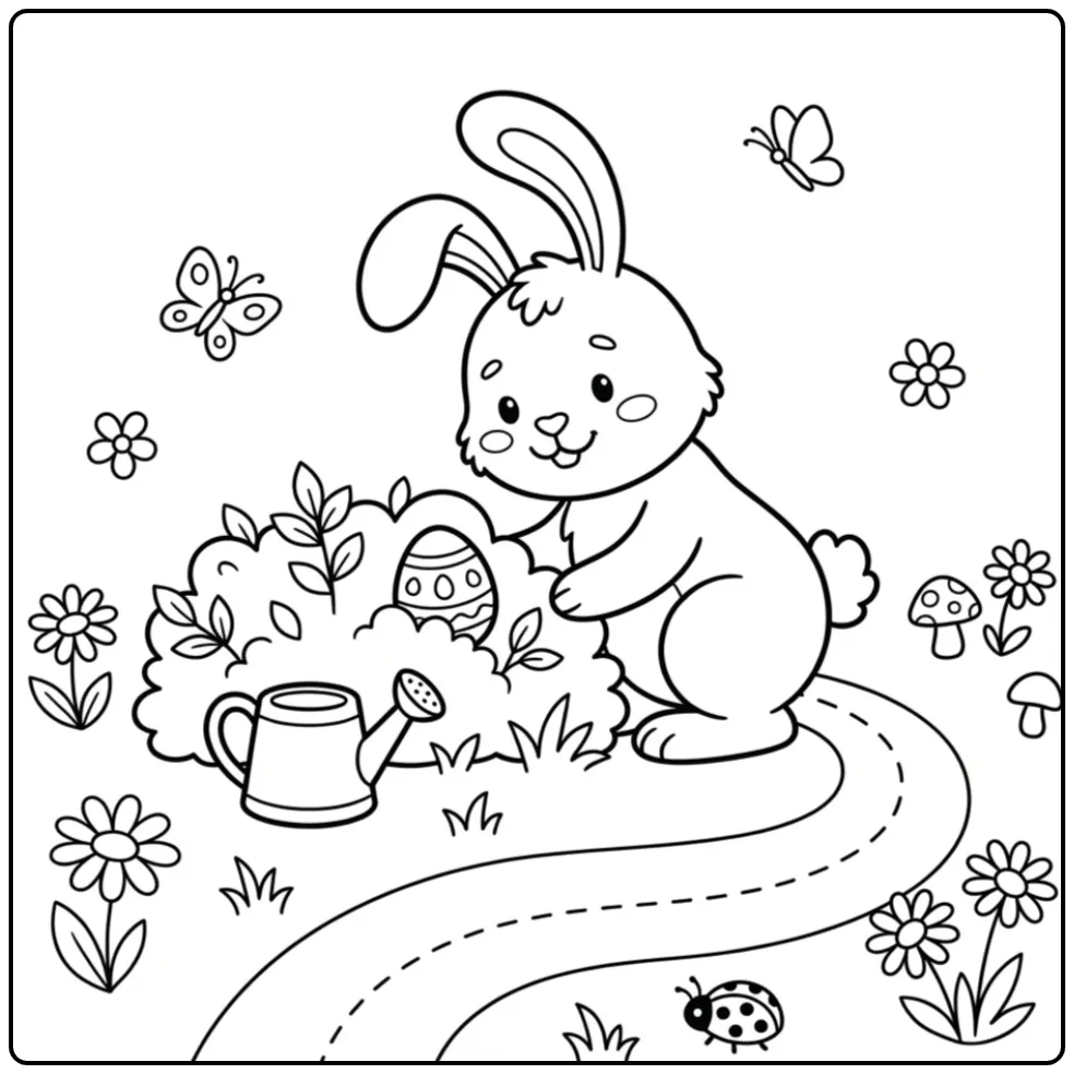 Een vrolijke paashaas kleurplaat simpel in de lentetuin.