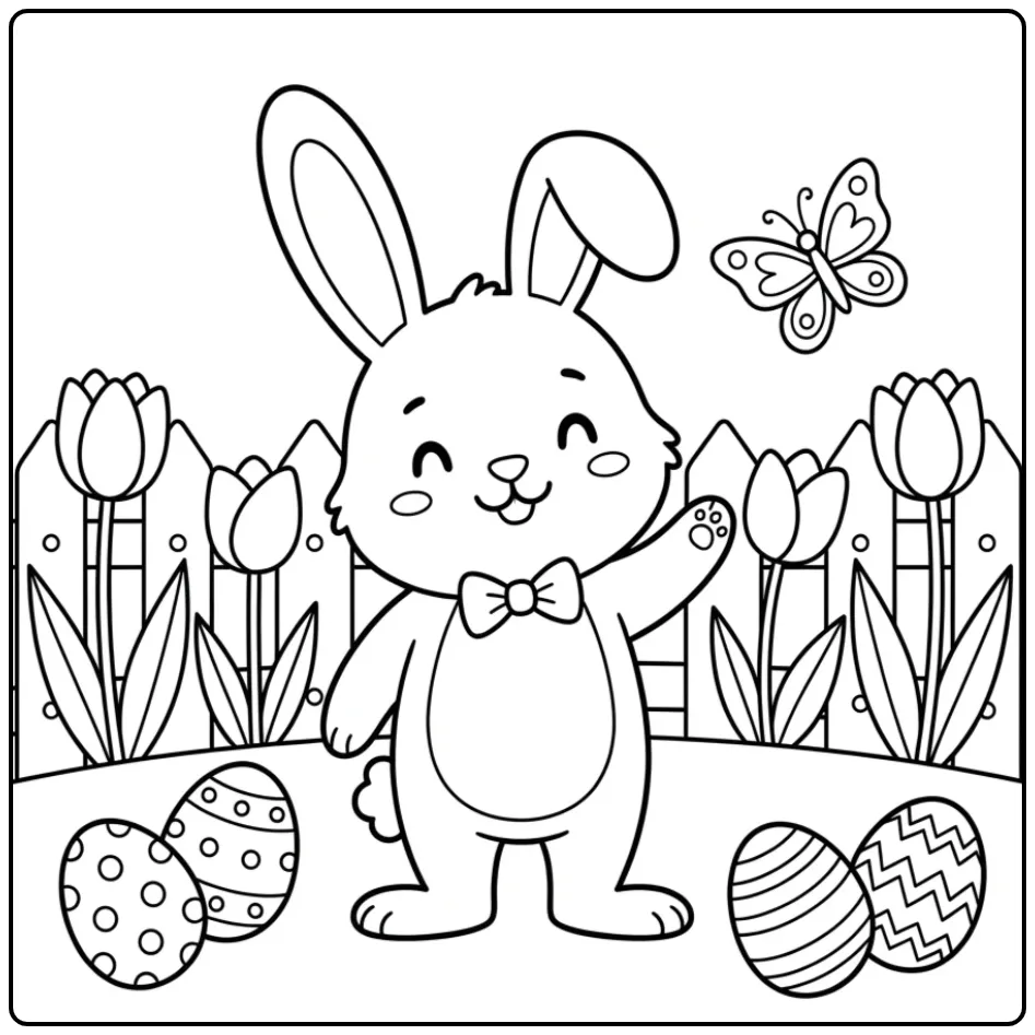 Vrolijke paashaas kleurplaat simpel met eieren en bloemen.