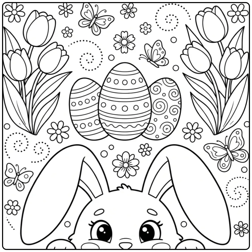 Schattige paashaas oren kleurplaat met eieren en tulpen