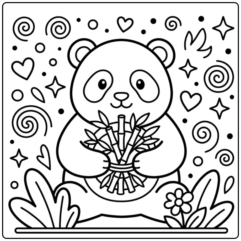 Een schattige panda kleurplaat makkelijk met een bamboeboeket.