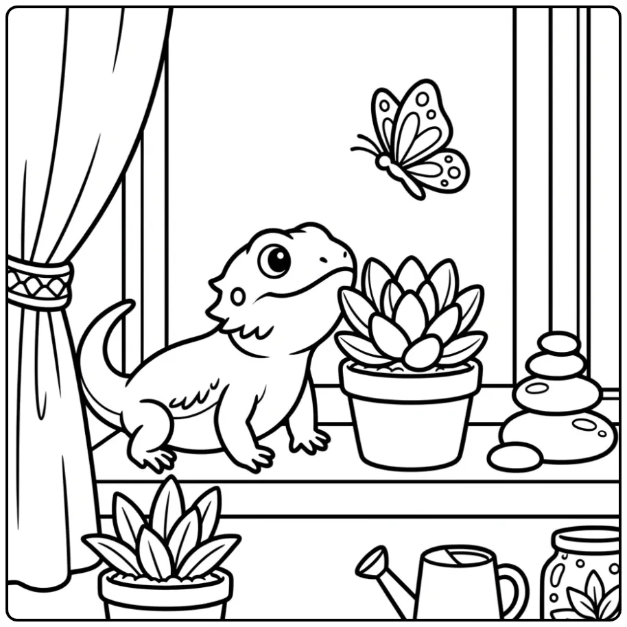 Schattige baardagaam kleurplaat met plant en stenen.