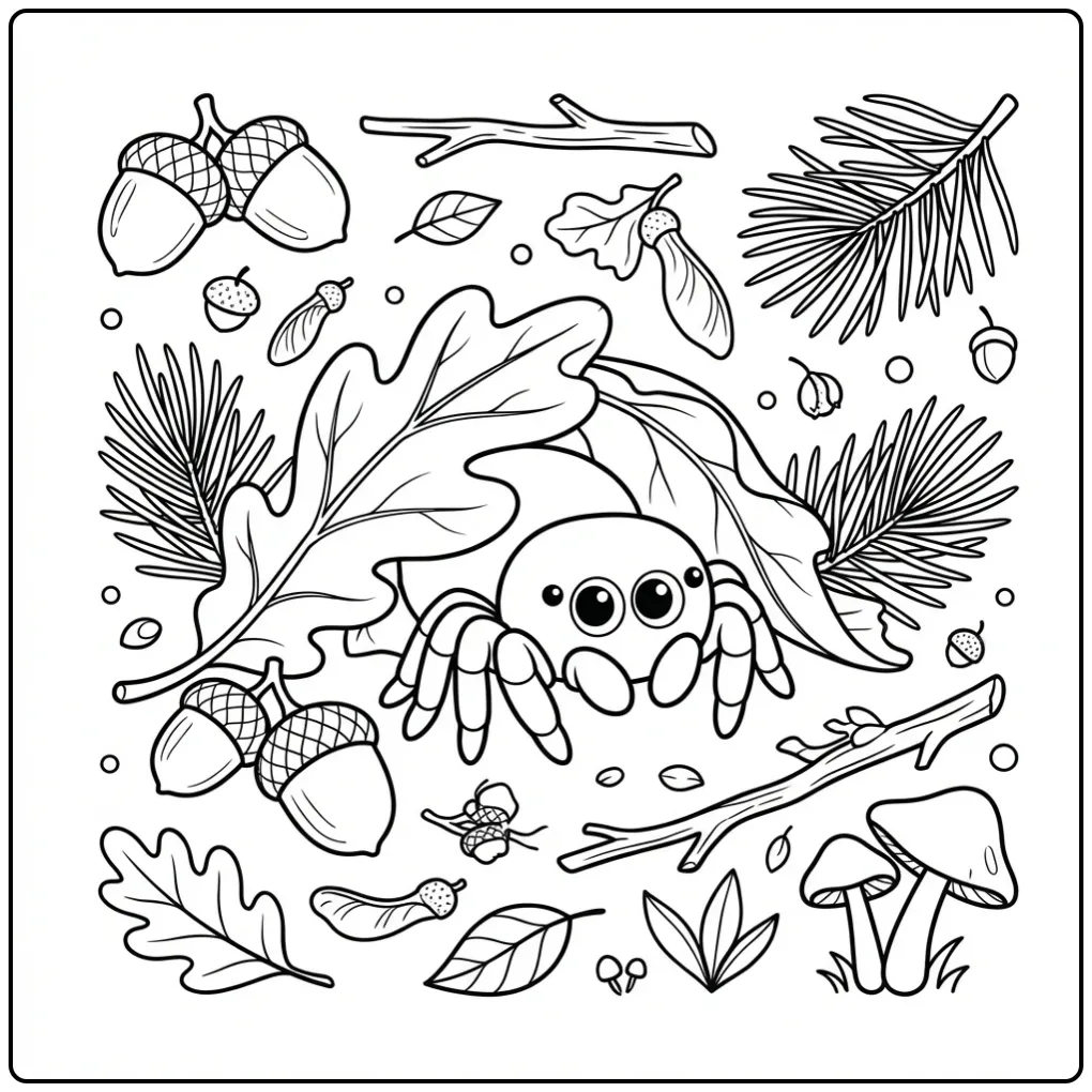 Schattige springende spin kleurplaat achter een herfstblad.