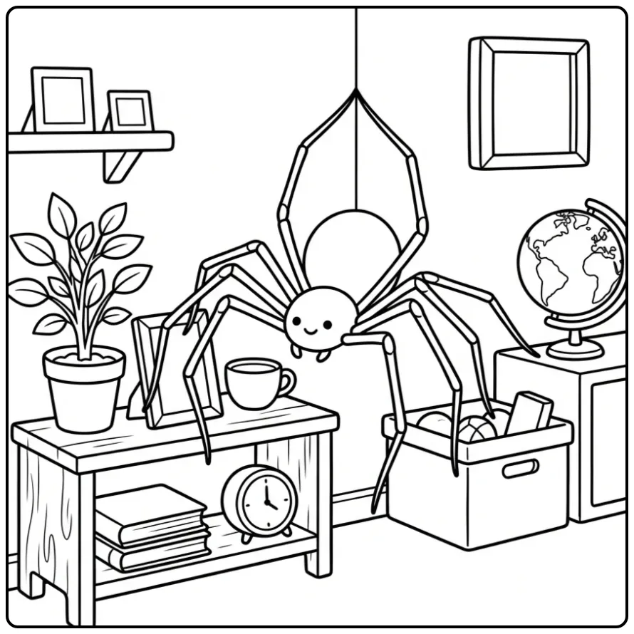 Spin kleurplaat met een trilspin bij een plant en plank.