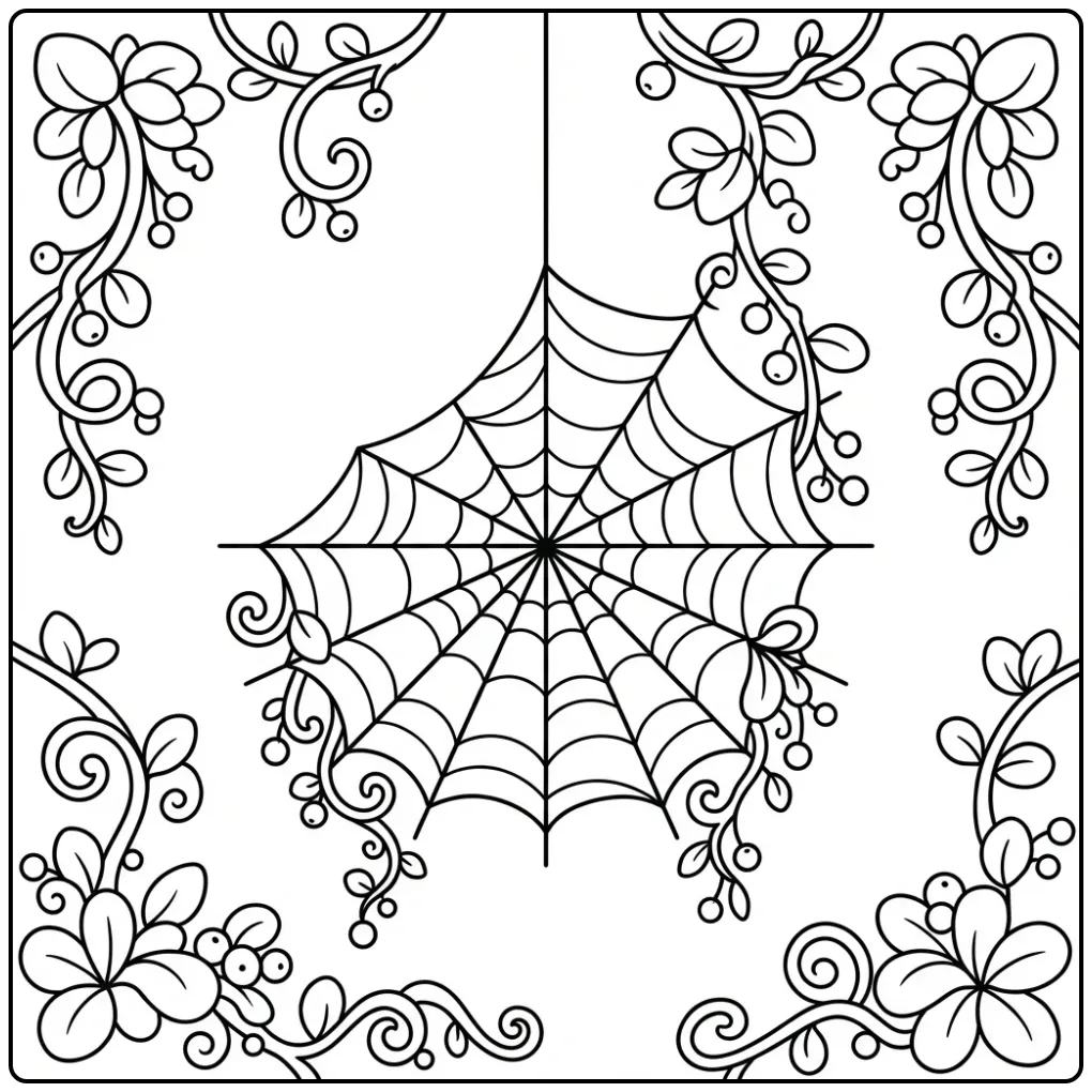 Cute spin in spinnenweb kleurplaat met bessen en bladeren.