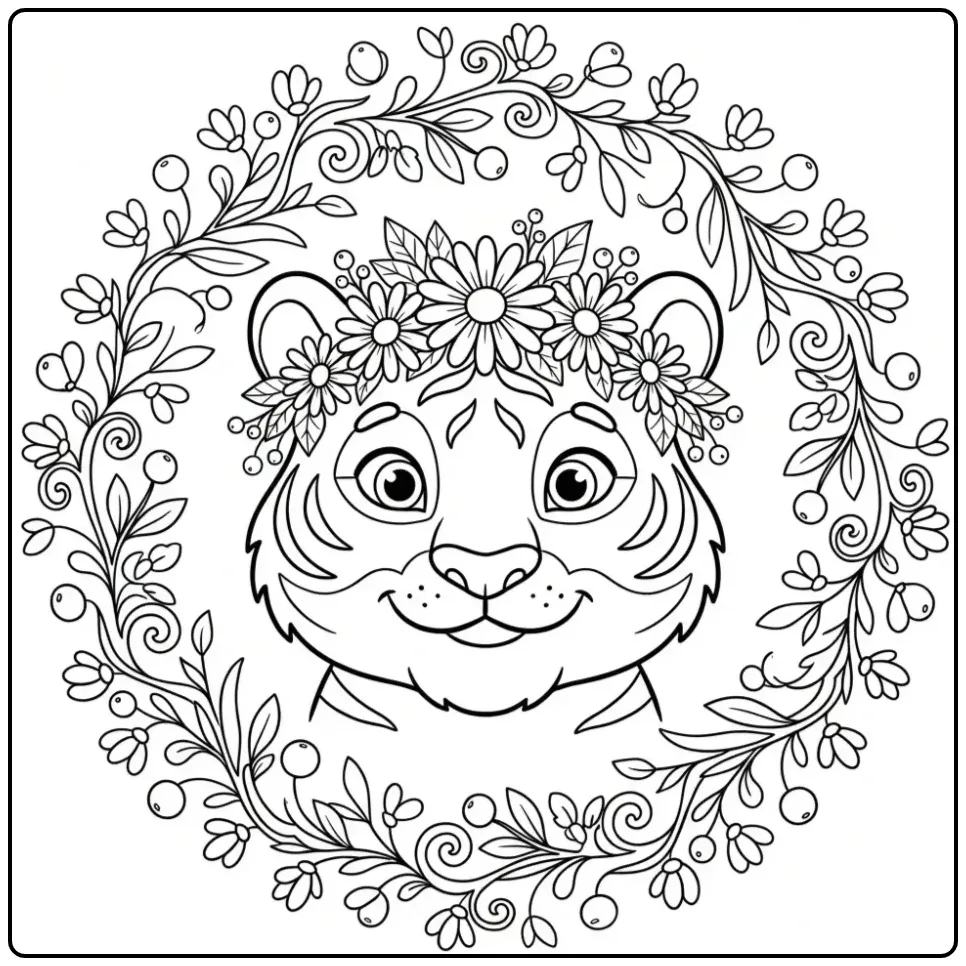 Schattige tijger hoofd kleurplaat met bloemenkroon.