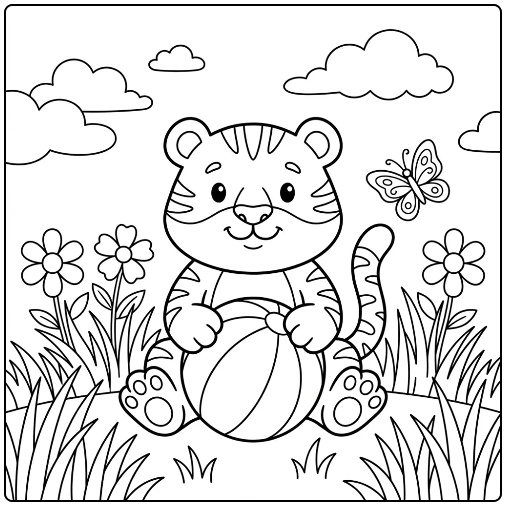 Schattige tijger kleurplaat makkelijk met een strandbal.