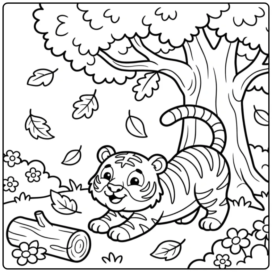Schattige tijger kleurplaat makkelijk onder een grote boom