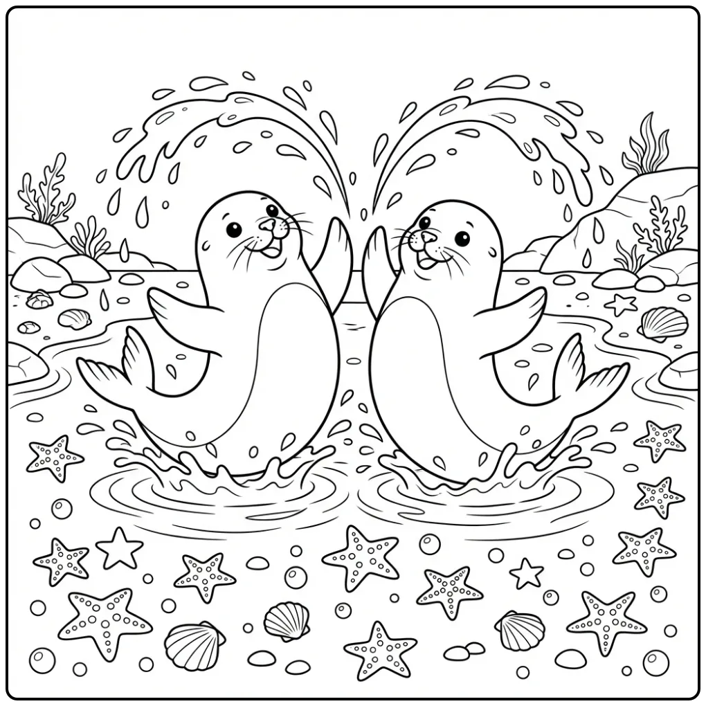 Vrolijke zeehond kleurplaat met spetterend water en zeesterren