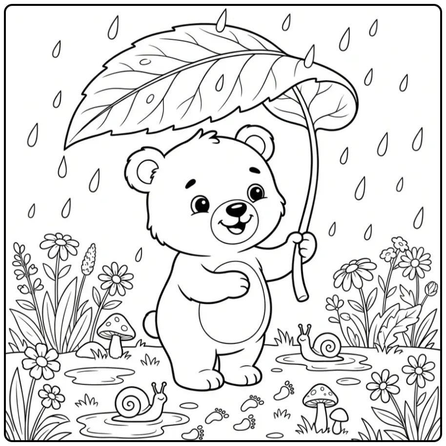 Een schattige kleurplaat beertje met een groot blad als paraplu.