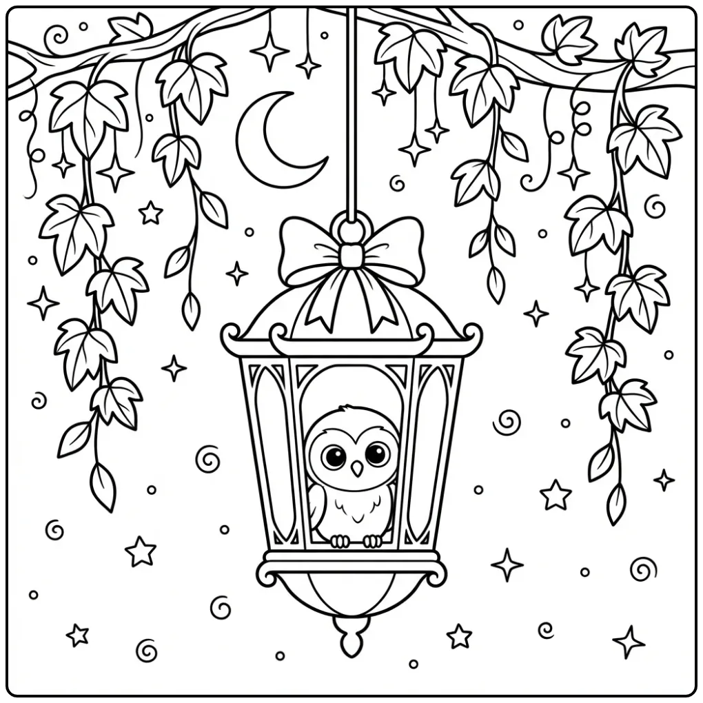 Schattig kleurplaat uiltje in lantaarn met maan en sterren.