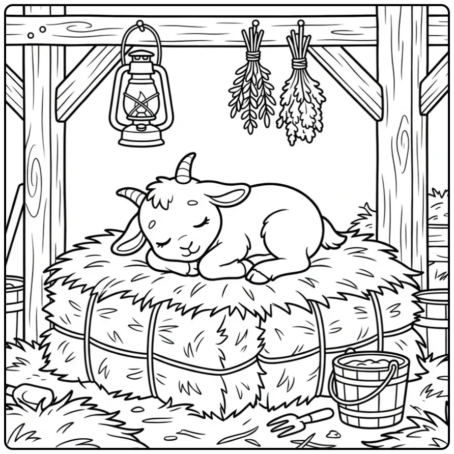 Een schattige kleurplaat geit slapend op hooi in de stal.