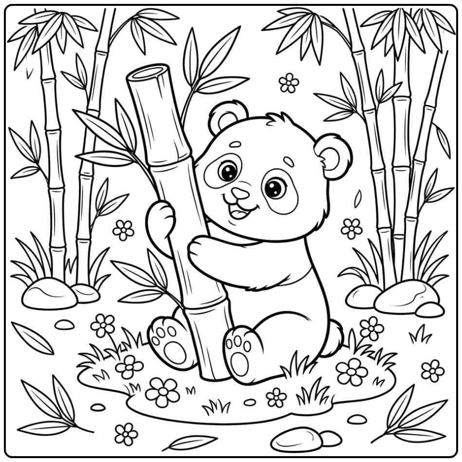 Schattige baby panda kleurplaat met bamboe en bloemen.