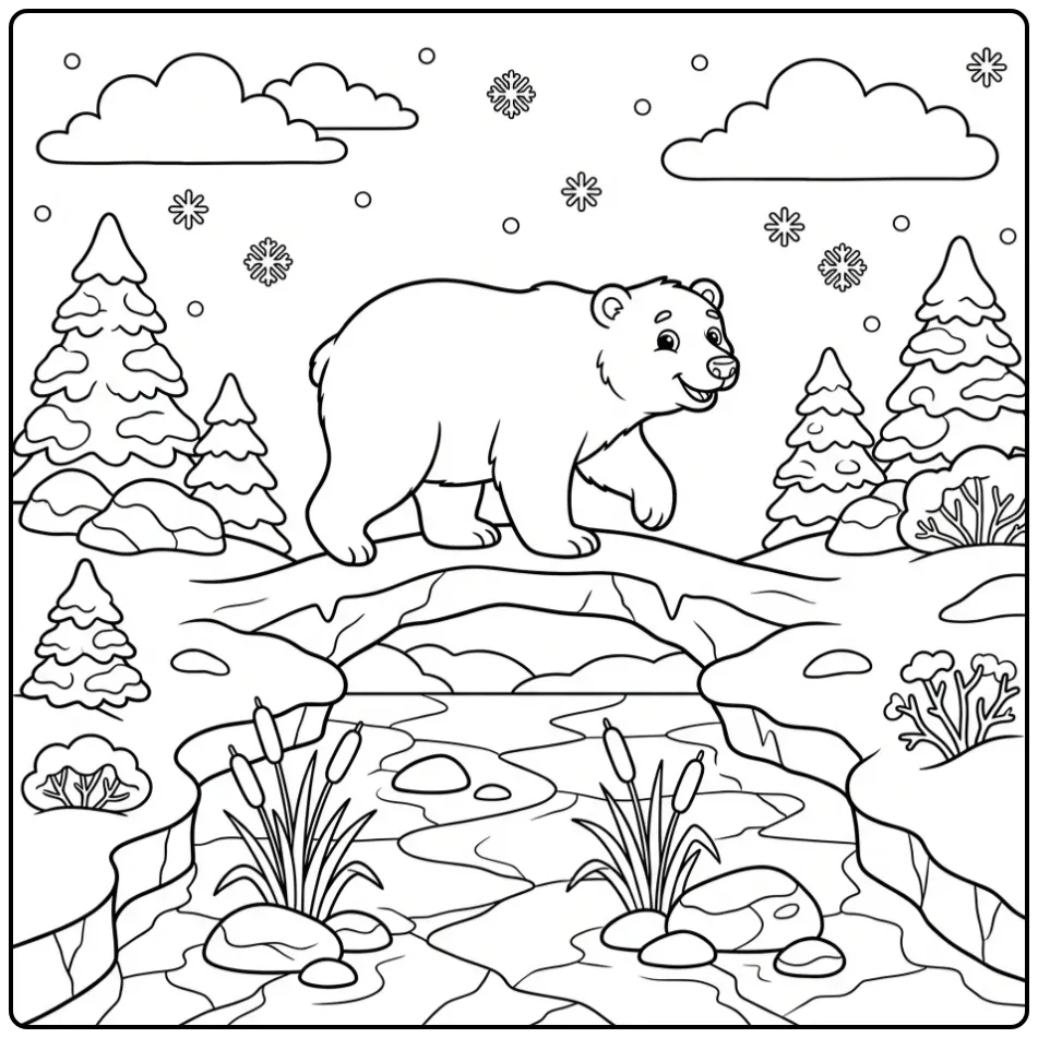 Schattige ijsbeer kleurplaat op een ijsbrug over de rivier.