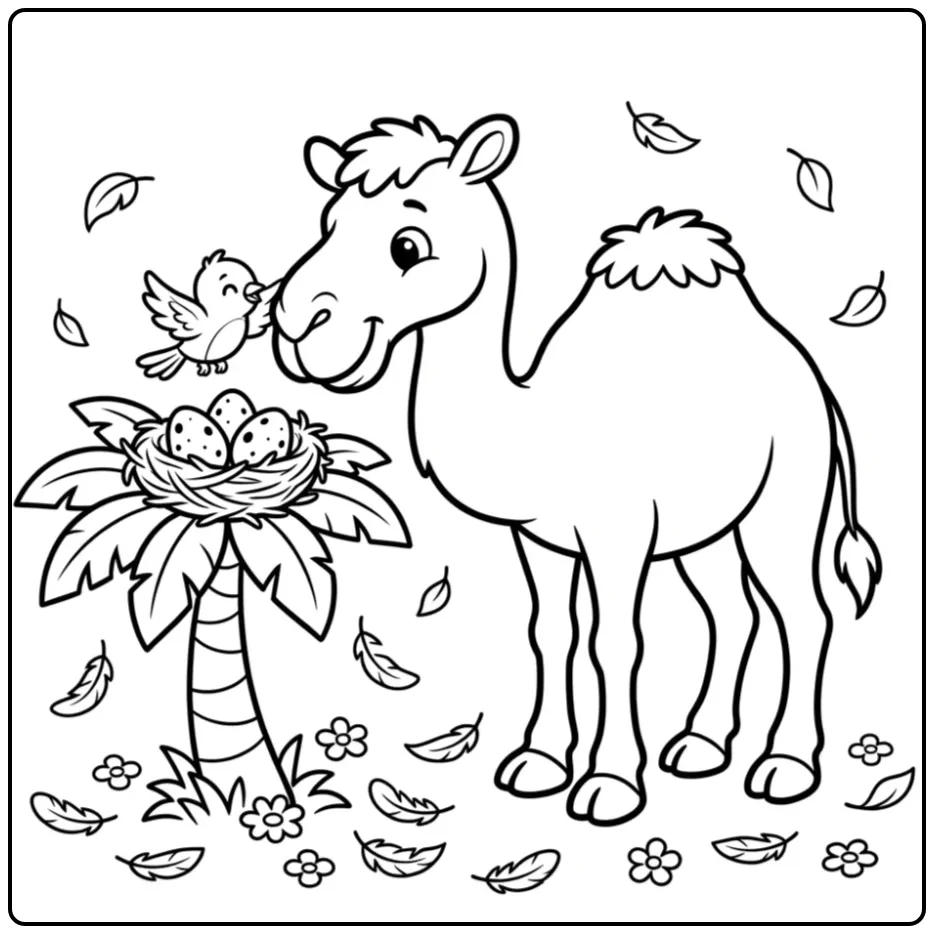 Een schattige kameel kleurplaat helpt een kleine vogel.