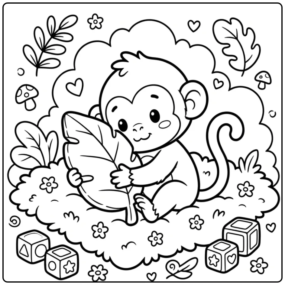 Schattige kleurplaat aapje knuffelt met een zacht bladerenknuffel