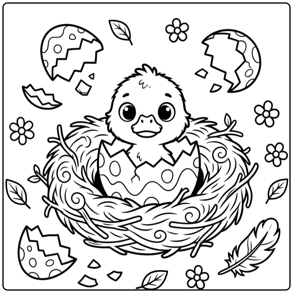 Schattige kleurplaat eendje dat net uit een ei komt in een nest.