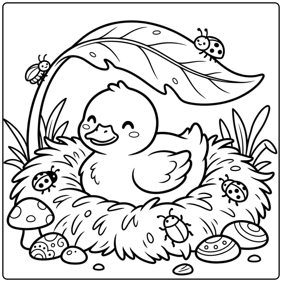 Schattige kleurplaat eendje slapend onder een groot blad.