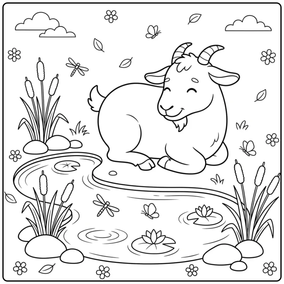 Een rustige kleurplaat geit aan de rand van een vijver.