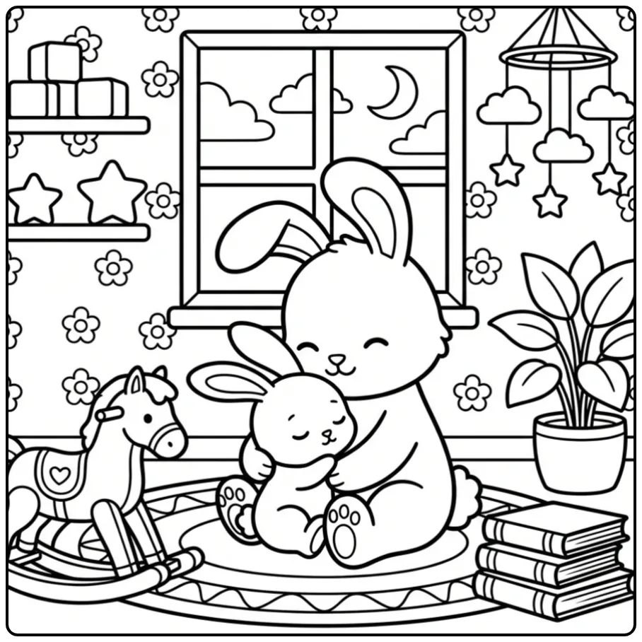 Schattige kleurplaat knuffel konijn met baby in kinderkamer.