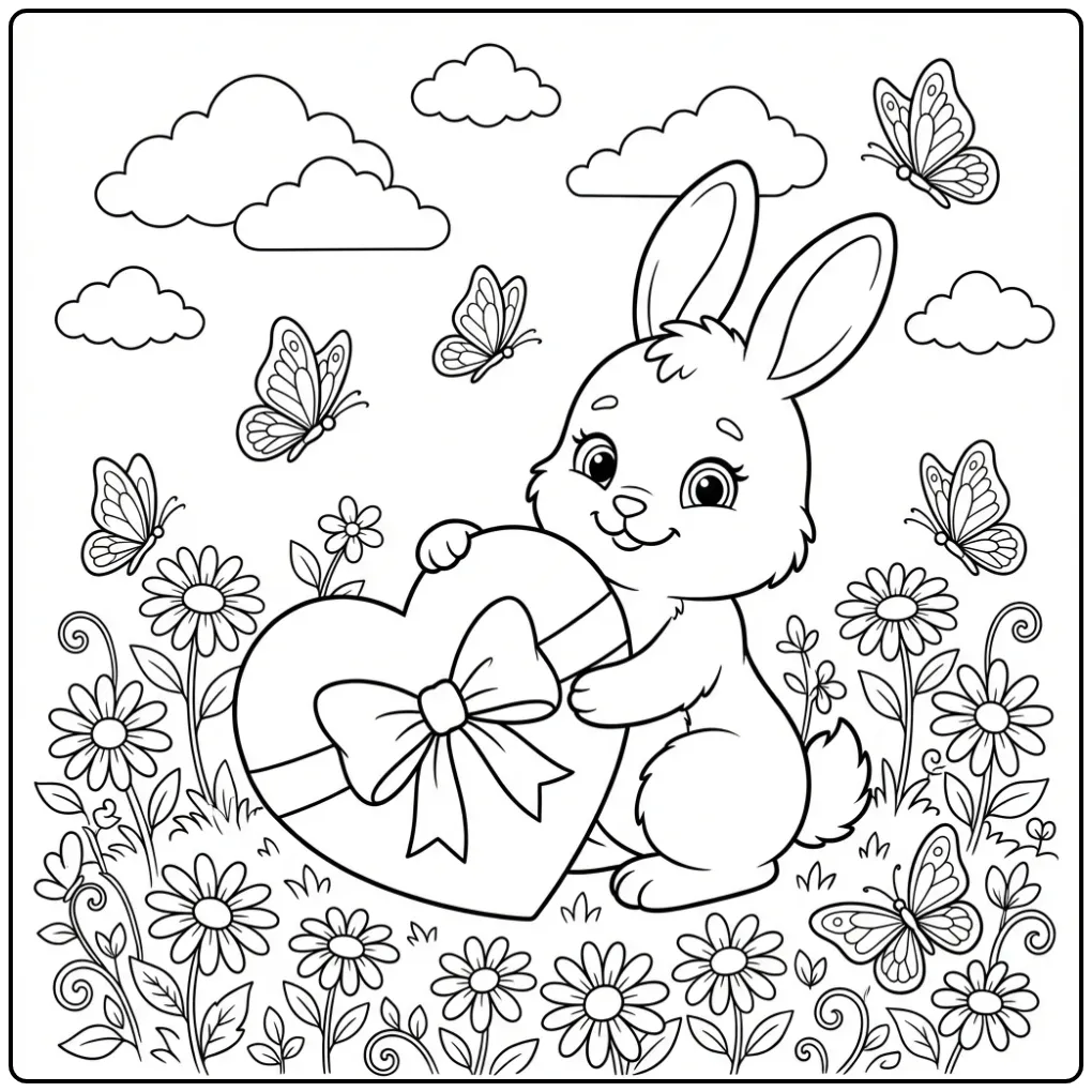 Een schattige kleurplaat konijn met hart in een bloemenwei.