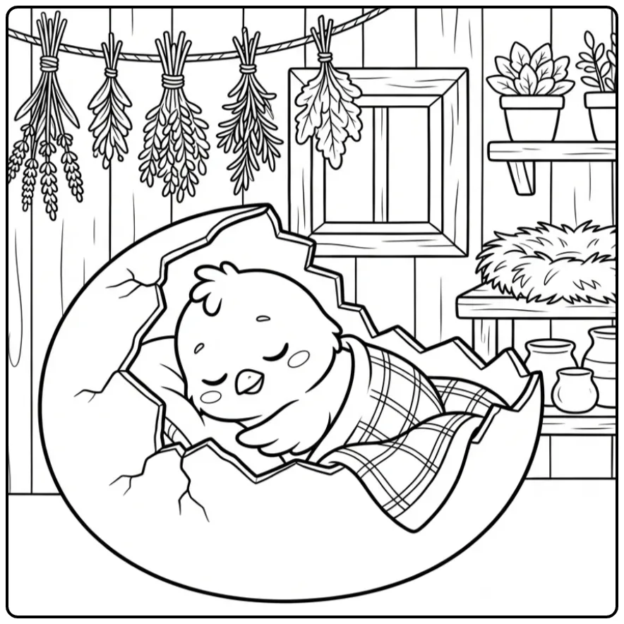 Schattige kleurplaat kuiken in ei slapend met zacht dekentje.