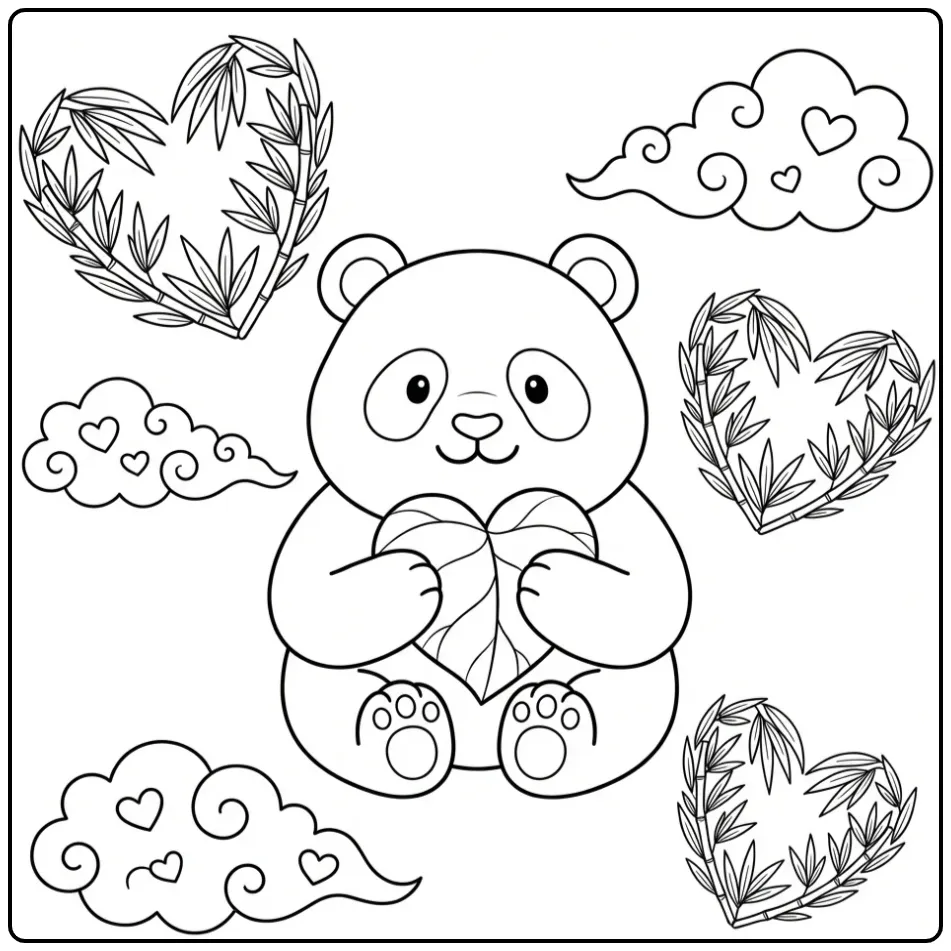 Een schattige kleurplaat panda met hartje en bamboe bladeren.