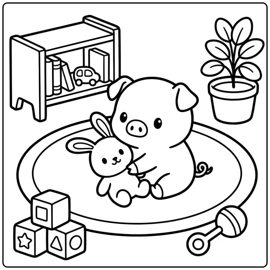 Schattige kleurplaat varkentje dat een konijn knuffelt.